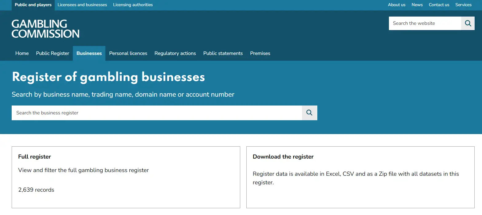 UK Gambling Commission public business register search context for Winzter and Rabocse