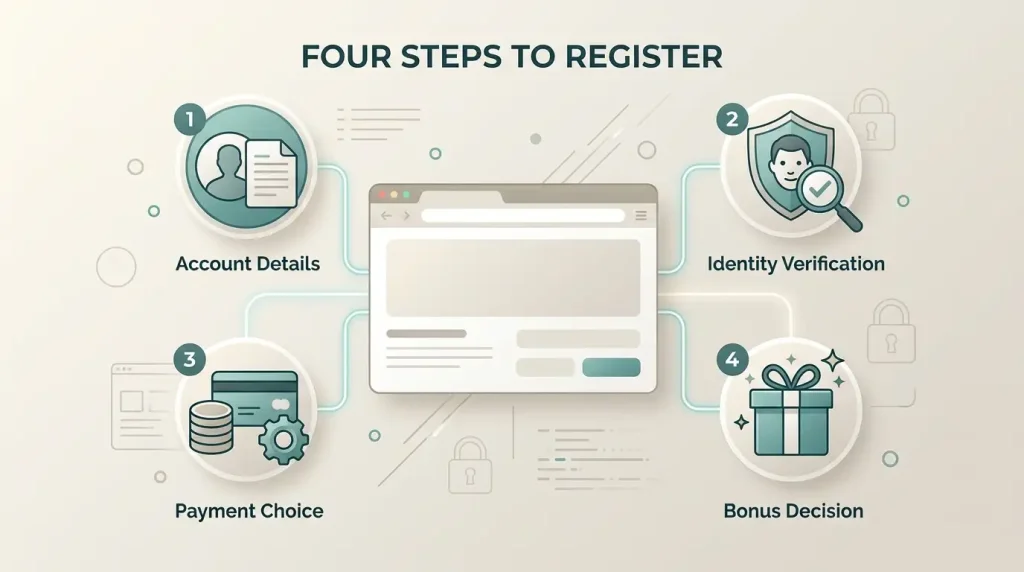 Account-registration checklist with identity, payment and bonus-choice symbols