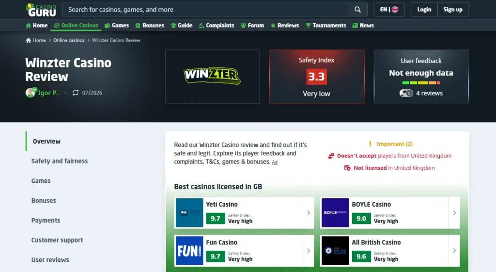 Current Winzter complaint status record on Casino Guru