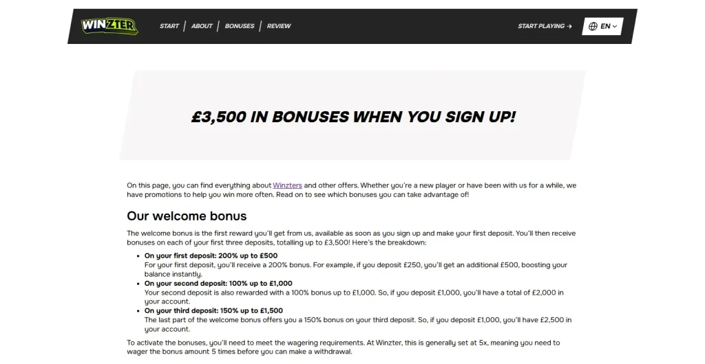Current Winzter UK bonus offer showing the three-part welcome sequence