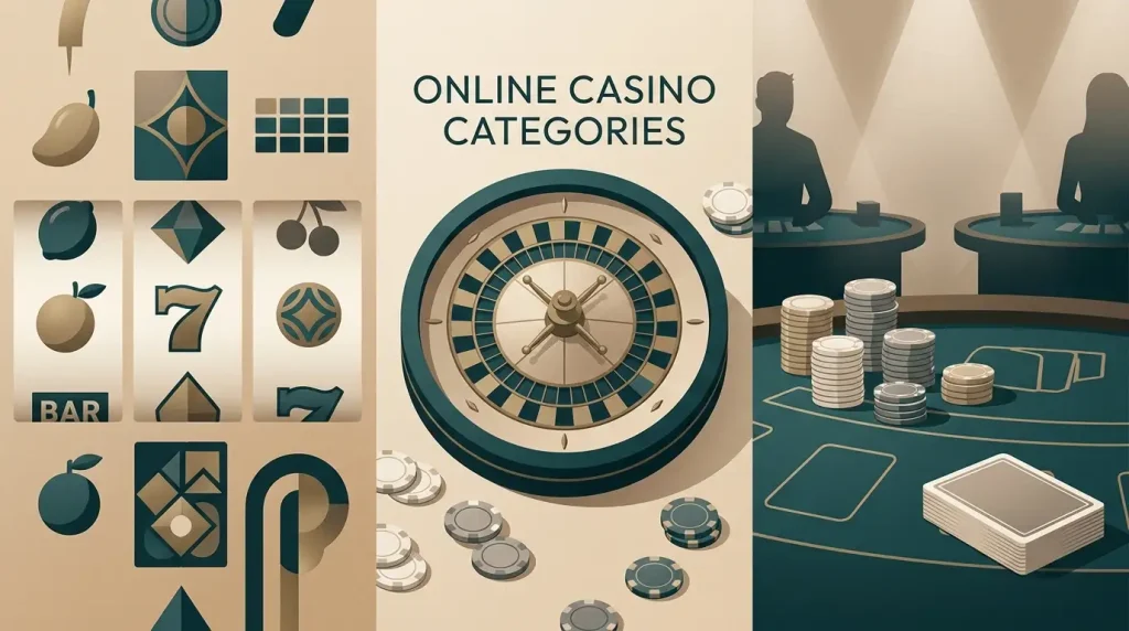 Slots, roulette, blackjack and live casino categories