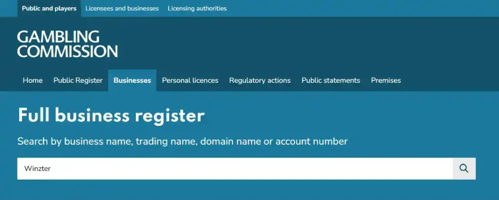 UK Gambling Commission public register page used for a Winzter licence check