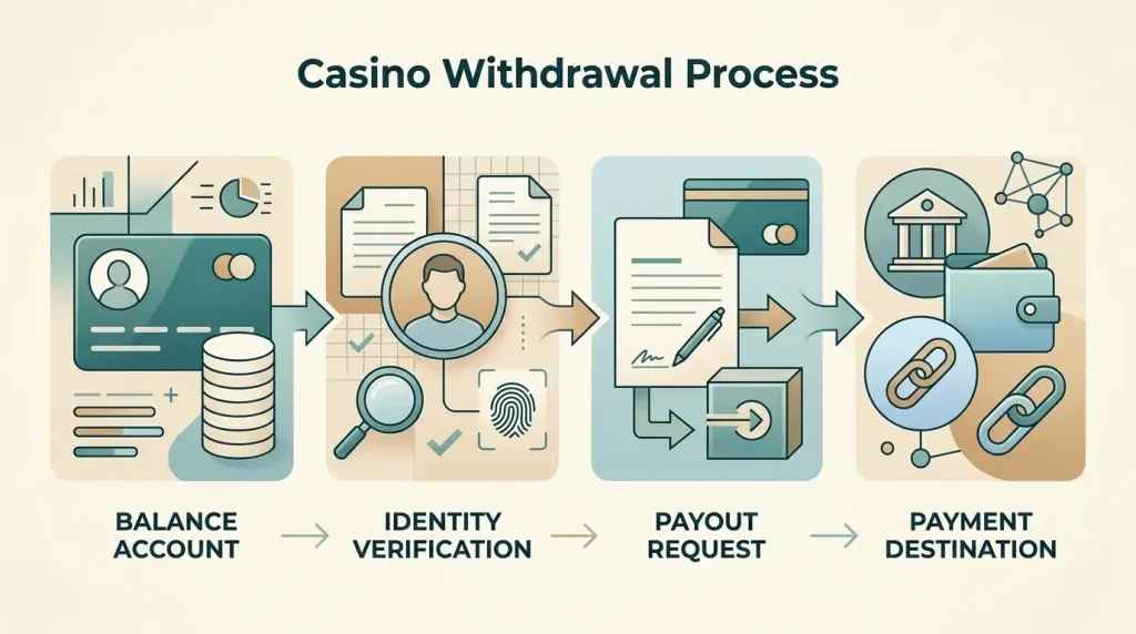 Withdrawal flow from account balance through identity checks to payment destination
